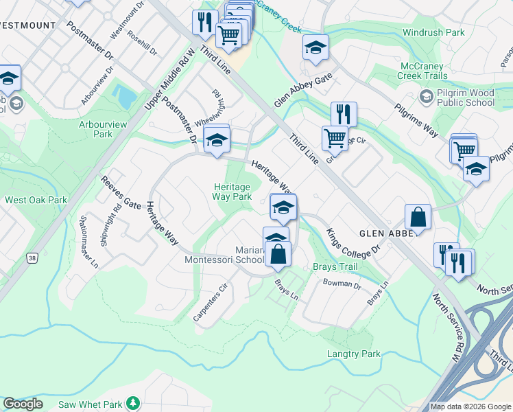 map of restaurants, bars, coffee shops, grocery stores, and more near 1347 Saddler Circle in Oakville