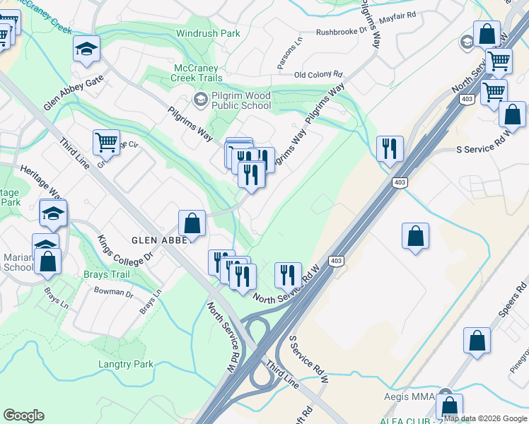 map of restaurants, bars, coffee shops, grocery stores, and more near 1412 Fieldcrest Lane in Oakville
