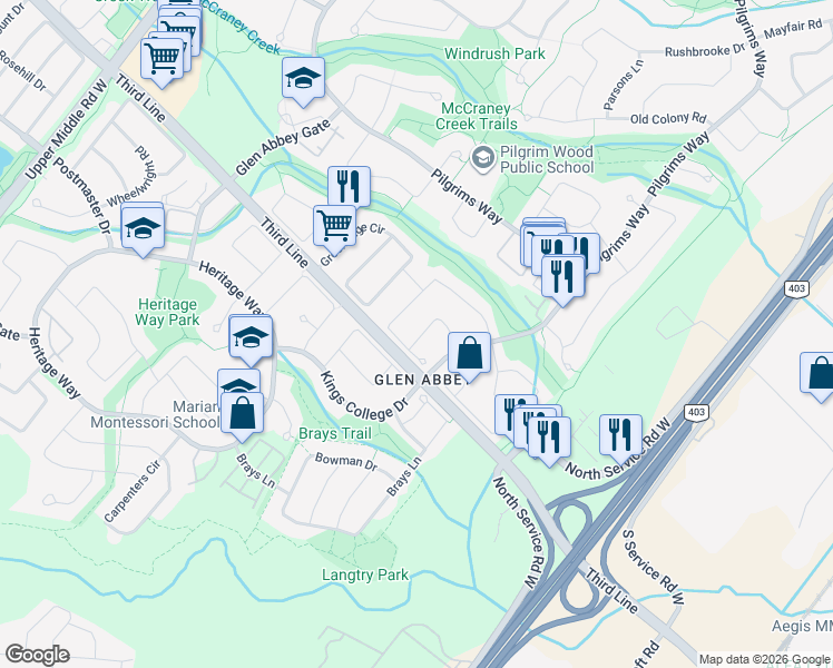 map of restaurants, bars, coffee shops, grocery stores, and more near in Oakville