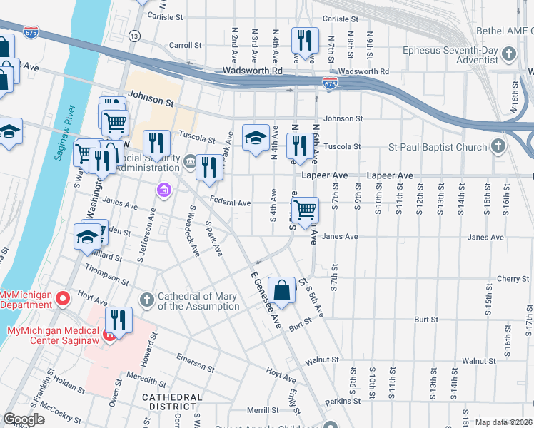 map of restaurants, bars, coffee shops, grocery stores, and more near in Saginaw
