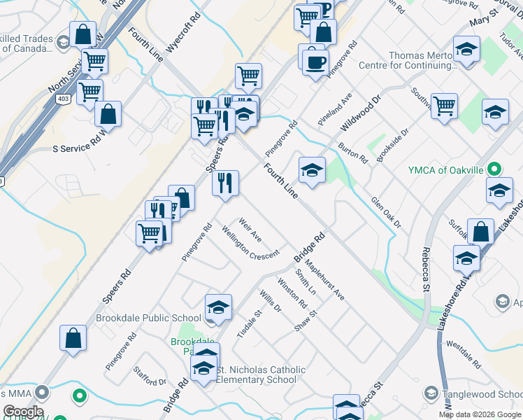 map of restaurants, bars, coffee shops, grocery stores, and more near 561 Maplehurst Avenue in Oakville