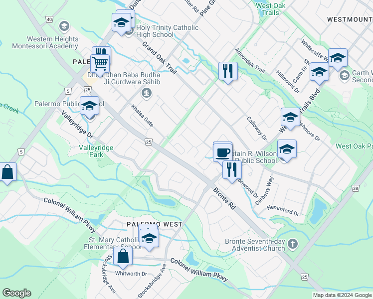 map of restaurants, bars, coffee shops, grocery stores, and more near 2273 Khalsa Gate in Oakville