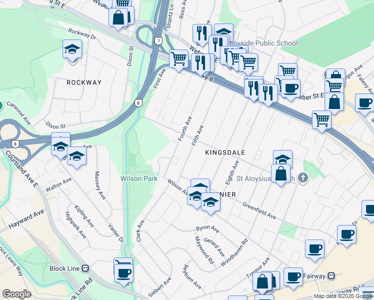 map of restaurants, bars, coffee shops, grocery stores, and more near 216 Fifth Avenue in Kitchener