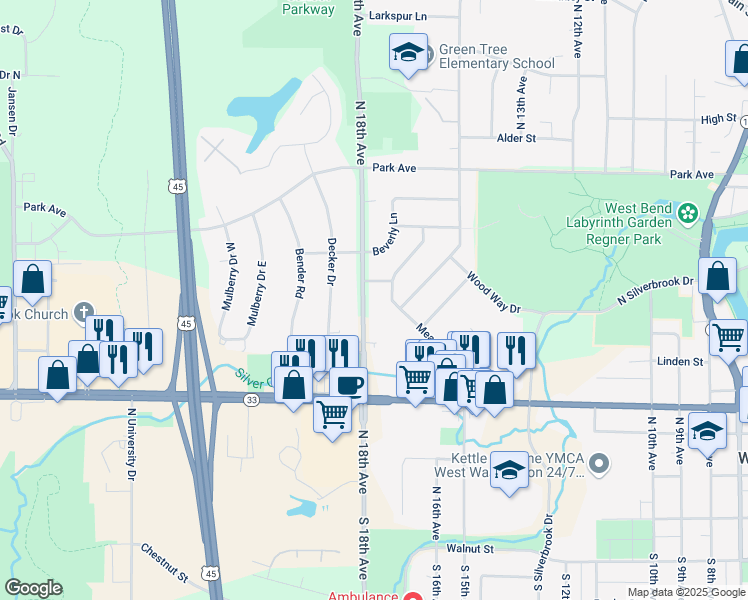 map of restaurants, bars, coffee shops, grocery stores, and more near 616 Meadowbrook Drive in West Bend