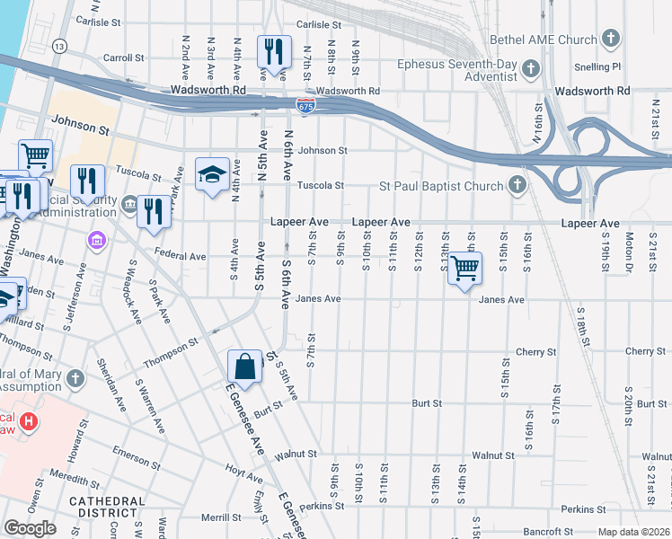 map of restaurants, bars, coffee shops, grocery stores, and more near 1509 Janes Avenue in Saginaw