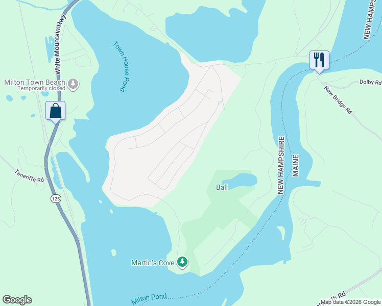 map of restaurants, bars, coffee shops, grocery stores, and more near 141 Pineland Park Road in Milton