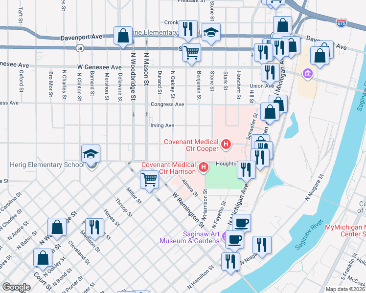 map of restaurants, bars, coffee shops, grocery stores, and more near 1212 Houghton Avenue in Saginaw