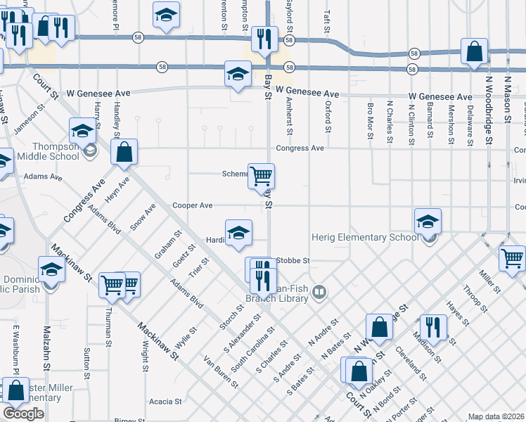 map of restaurants, bars, coffee shops, grocery stores, and more near 2726 Hardin Street in Saginaw