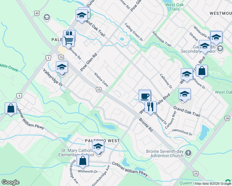 map of restaurants, bars, coffee shops, grocery stores, and more near 2289 Khalsa Gate in Oakville