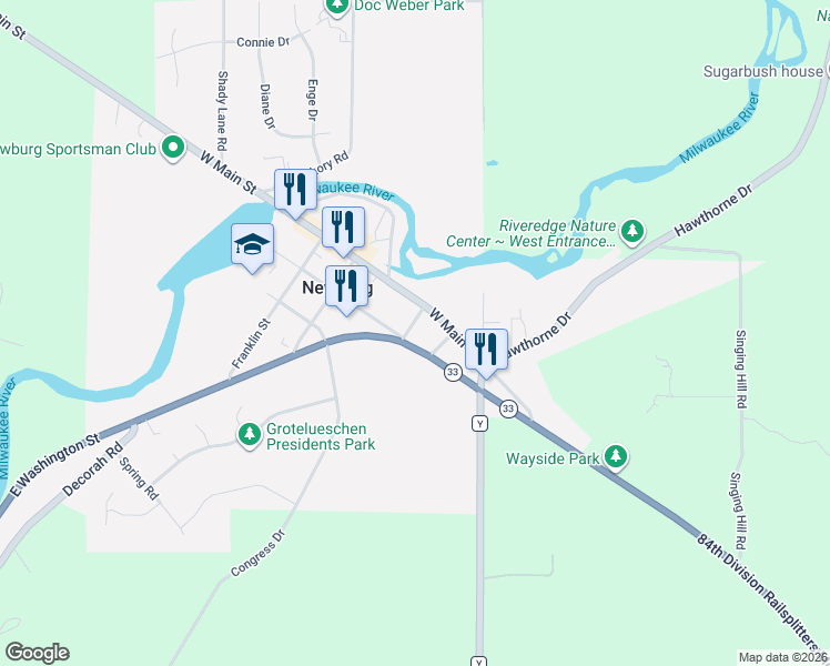 map of restaurants, bars, coffee shops, grocery stores, and more near 415 Main Street in Newburg