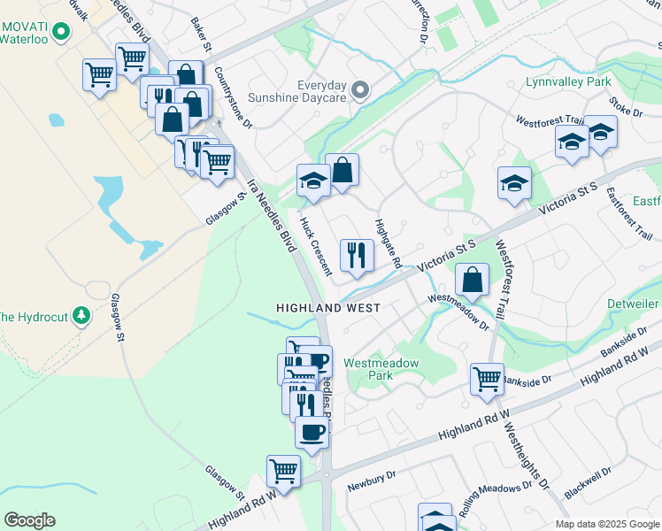 map of restaurants, bars, coffee shops, grocery stores, and more near 122 Huck Crescent in Kitchener