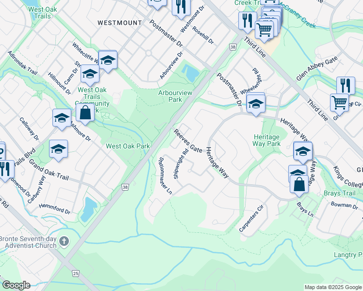 map of restaurants, bars, coffee shops, grocery stores, and more near 1500 Reeves Gate in Oakville