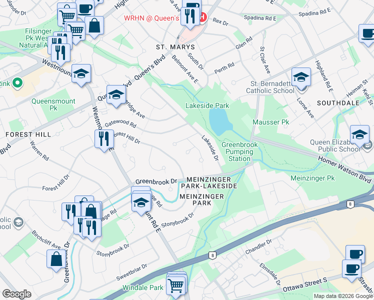 map of restaurants, bars, coffee shops, grocery stores, and more near 8 Meadow Crescent in Kitchener