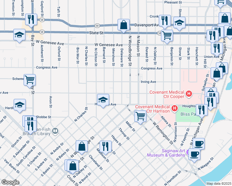map of restaurants, bars, coffee shops, grocery stores, and more near in Saginaw