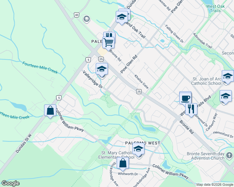 map of restaurants, bars, coffee shops, grocery stores, and more near 3064 Highbourne Crescent in Oakville