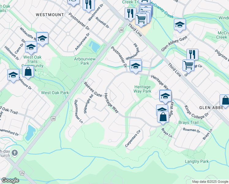 map of restaurants, bars, coffee shops, grocery stores, and more near 1489 Heritage Way in Oakville