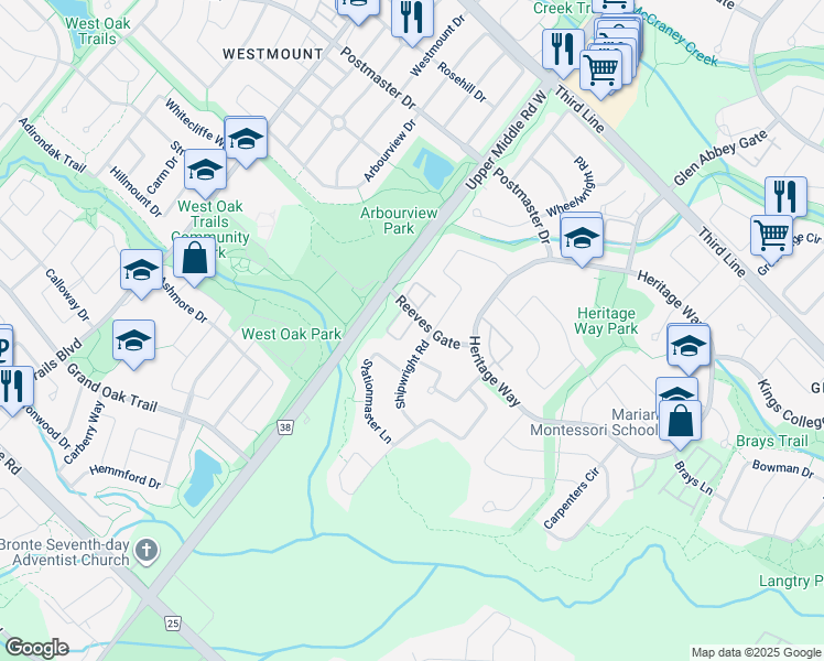 map of restaurants, bars, coffee shops, grocery stores, and more near 34-1510 Reeves Gate in Oakville