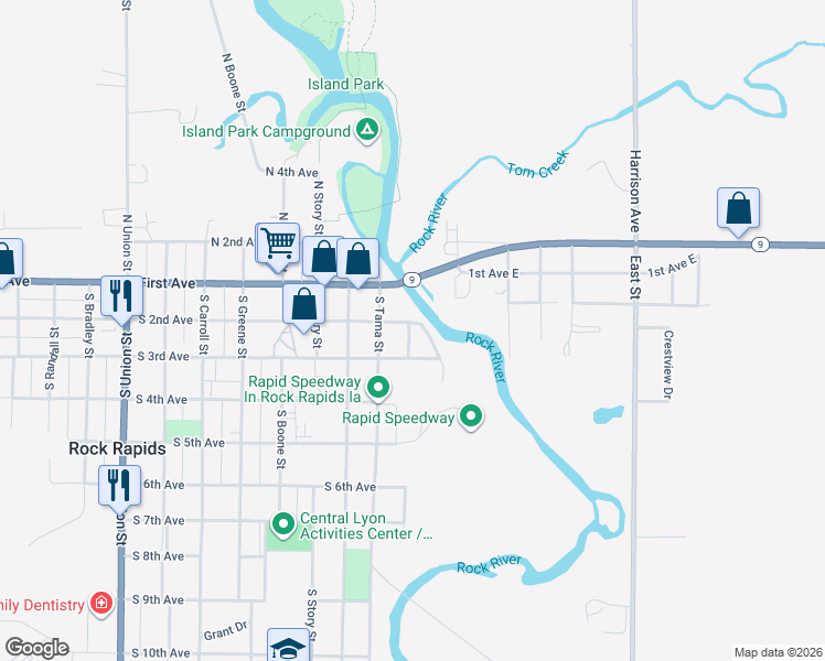 map of restaurants, bars, coffee shops, grocery stores, and more near 204 Benton Street in Rock Rapids