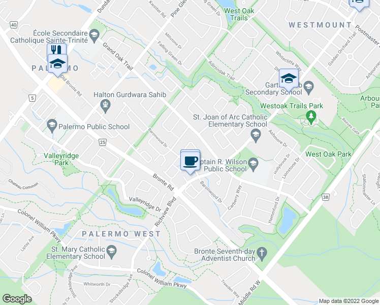 map of restaurants, bars, coffee shops, grocery stores, and more near 2447 Baintree Crescent in Oakville