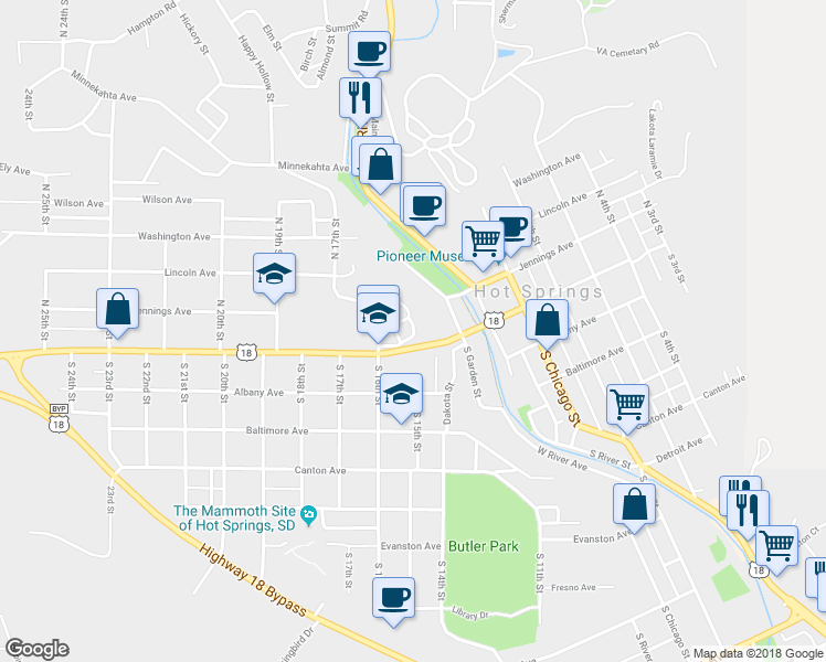 map of restaurants, bars, coffee shops, grocery stores, and more near 130 North Connor Street in Hot Springs