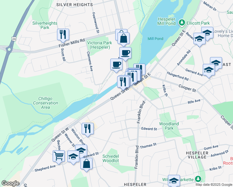 map of restaurants, bars, coffee shops, grocery stores, and more near 49 Queen Street West in Cambridge