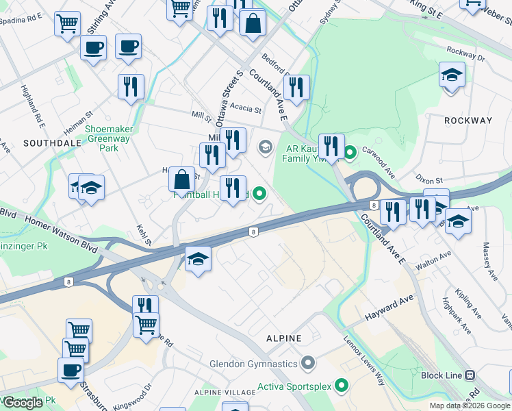 map of restaurants, bars, coffee shops, grocery stores, and more near 3 Hoffman Street in Kitchener
