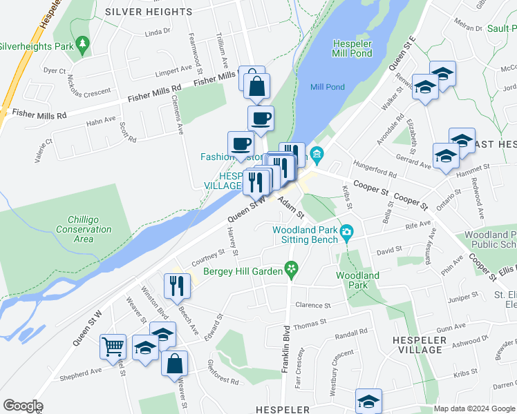 map of restaurants, bars, coffee shops, grocery stores, and more near 16 Queen Street West in Cambridge