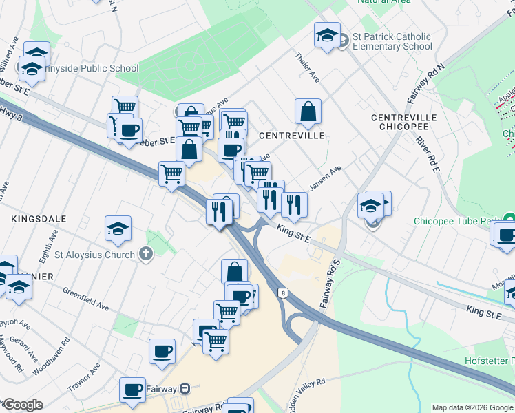 map of restaurants, bars, coffee shops, grocery stores, and more near in Kitchener