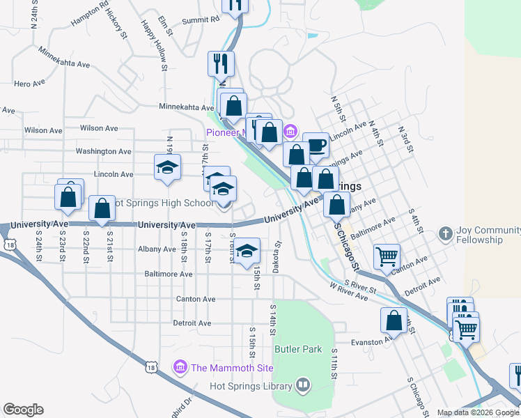 map of restaurants, bars, coffee shops, grocery stores, and more near 130 North Connor Street in Hot Springs