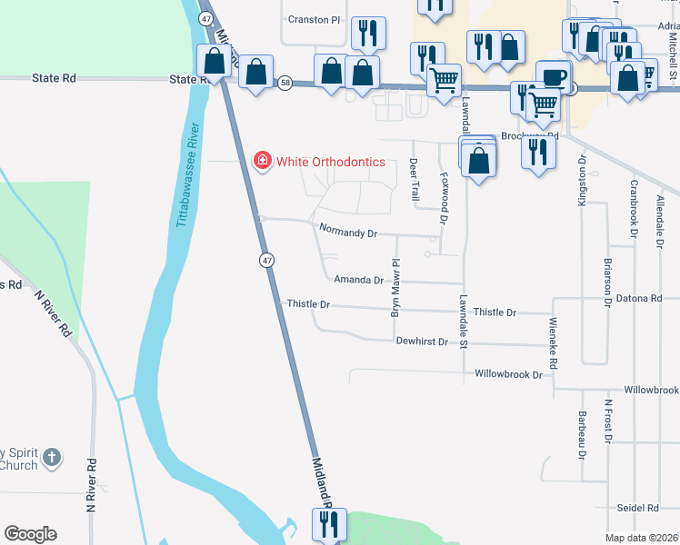 map of restaurants, bars, coffee shops, grocery stores, and more near 6360 Amanda Drive in Saginaw