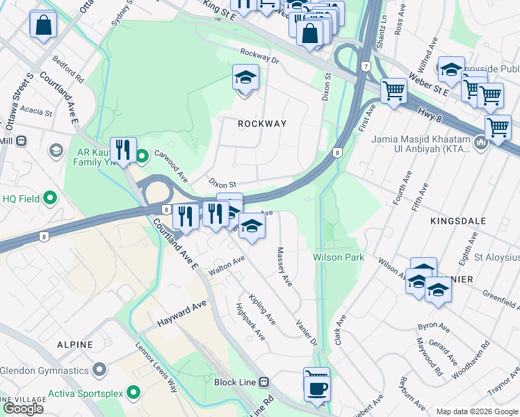 map of restaurants, bars, coffee shops, grocery stores, and more near 62 Boniface Avenue in Kitchener