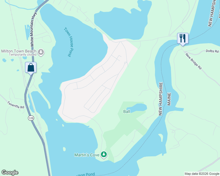 map of restaurants, bars, coffee shops, grocery stores, and more near 96 Pineland Park Road in Milton