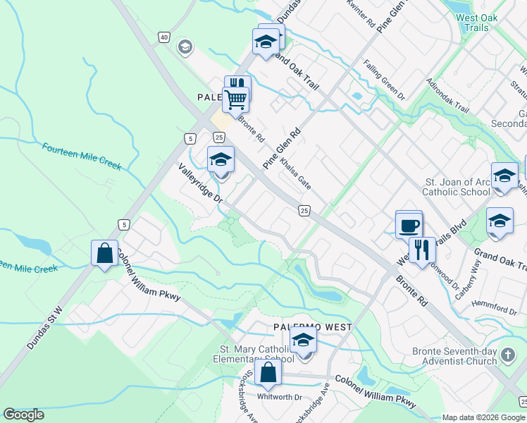 map of restaurants, bars, coffee shops, grocery stores, and more near Highbourne Crescent in Oakville