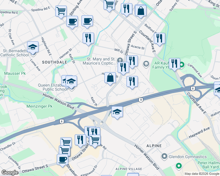 map of restaurants, bars, coffee shops, grocery stores, and more near 480 Ottawa Street South in Kitchener