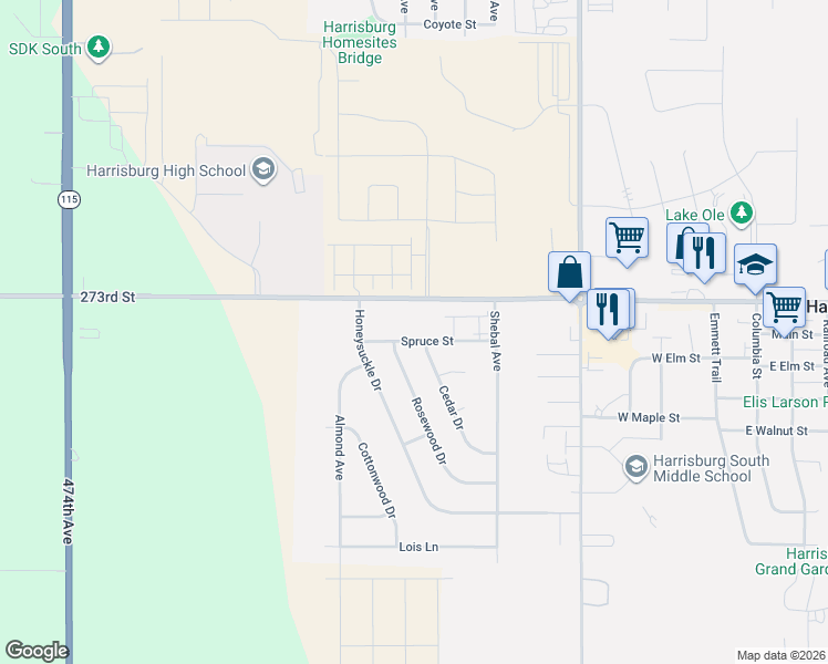 map of restaurants, bars, coffee shops, grocery stores, and more near 47461-47483 273rd Street in Harrisburg