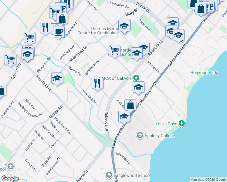 map of restaurants, bars, coffee shops, grocery stores, and more near in Oakville