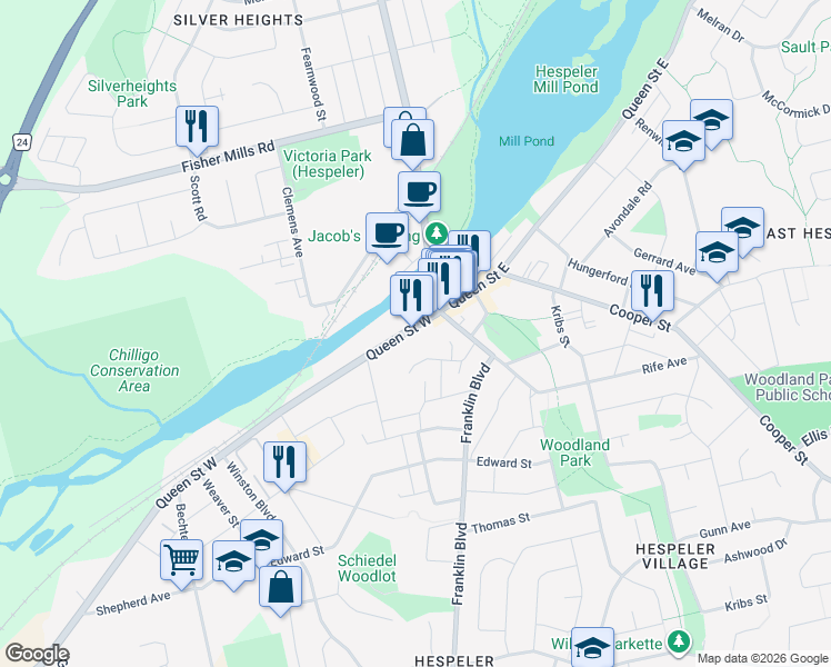 map of restaurants, bars, coffee shops, grocery stores, and more near 16 Queen Street West in Cambridge