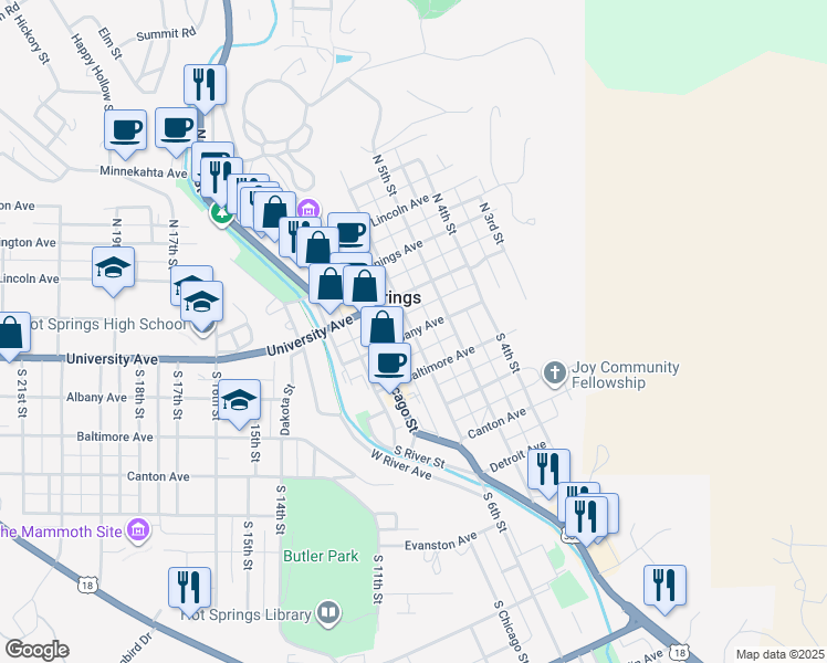 map of restaurants, bars, coffee shops, grocery stores, and more near 199 S 6th St in Hot Springs