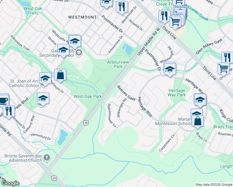 map of restaurants, bars, coffee shops, grocery stores, and more near 34-1510 Reeves Gate in Oakville