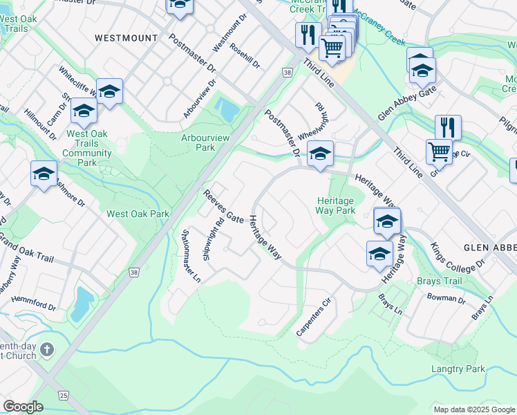 map of restaurants, bars, coffee shops, grocery stores, and more near 1538 Heritage Way in Oakville