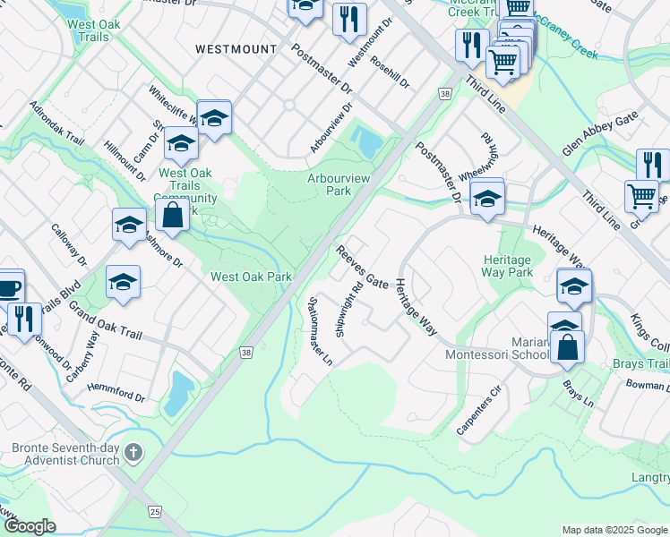 map of restaurants, bars, coffee shops, grocery stores, and more near 34-1510 Reeves Gate in Oakville