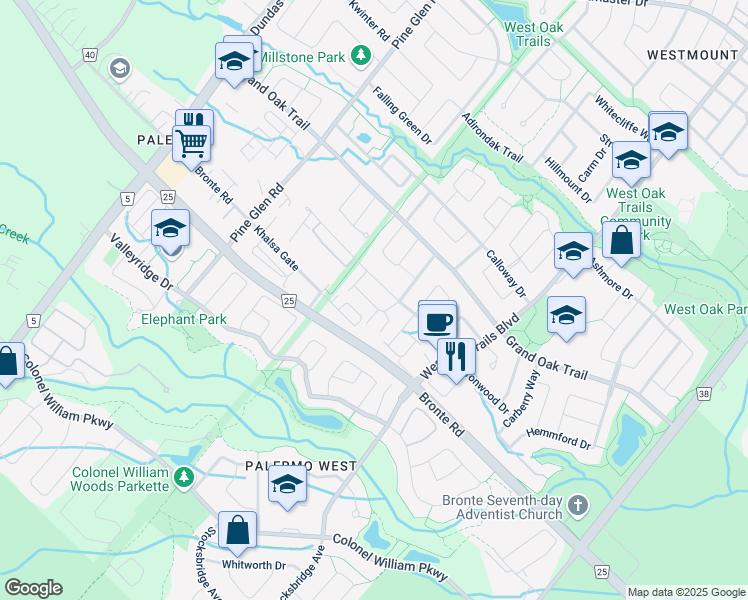map of restaurants, bars, coffee shops, grocery stores, and more near 2301 Baronwood Drive in Oakville
