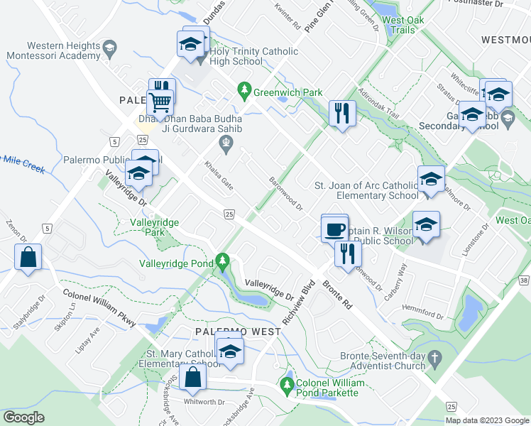 map of restaurants, bars, coffee shops, grocery stores, and more near 2317 Khalsa Gate in Oakville