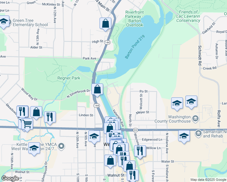 map of restaurants, bars, coffee shops, grocery stores, and more near 705 Village Green Way in West Bend