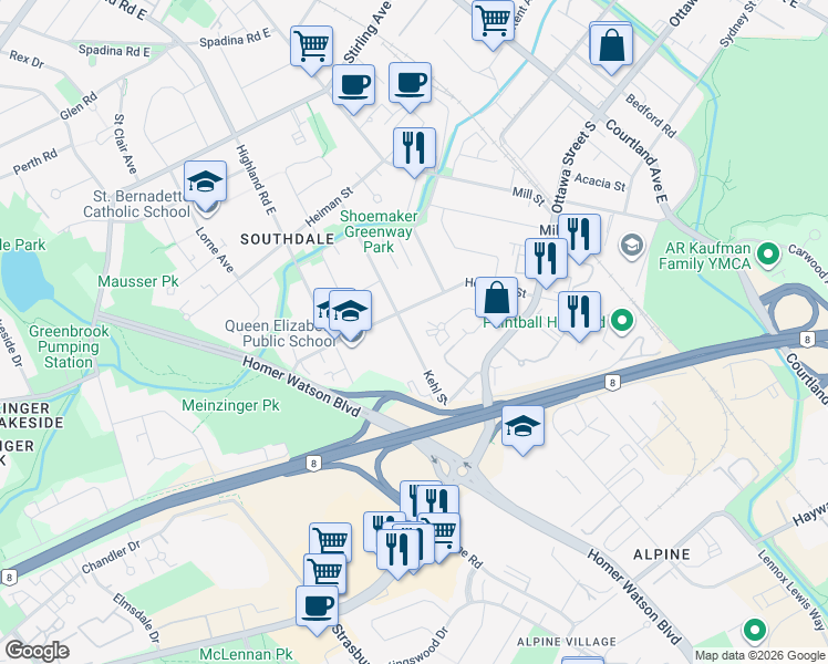 map of restaurants, bars, coffee shops, grocery stores, and more near 148 Kehl Street in Kitchener