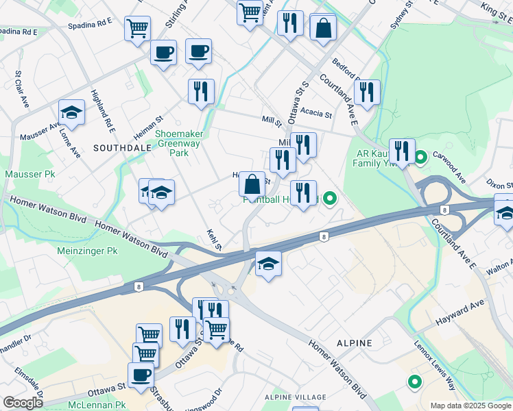 map of restaurants, bars, coffee shops, grocery stores, and more near 468 Ottawa Street South in Kitchener