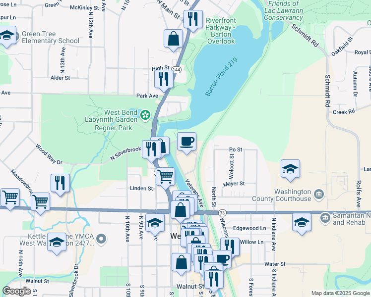 map of restaurants, bars, coffee shops, grocery stores, and more near 735 Shore Lane in West Bend