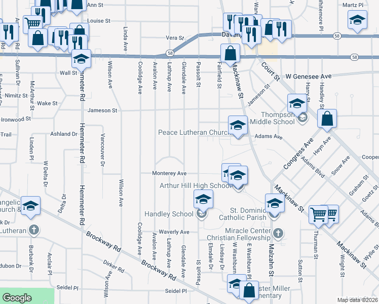 map of restaurants, bars, coffee shops, grocery stores, and more near 1605 Passolt Street in Saginaw