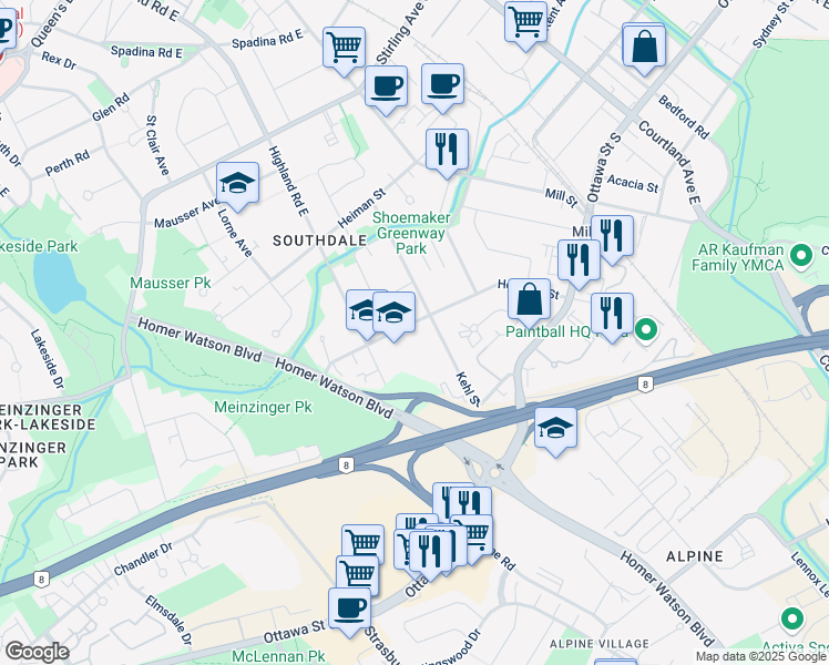 map of restaurants, bars, coffee shops, grocery stores, and more near 175 Hoffman Street in Kitchener