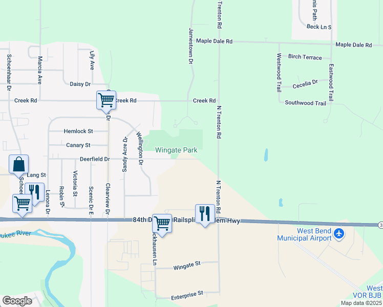 map of restaurants, bars, coffee shops, grocery stores, and more near 2746 Deerfield Drive in West Bend